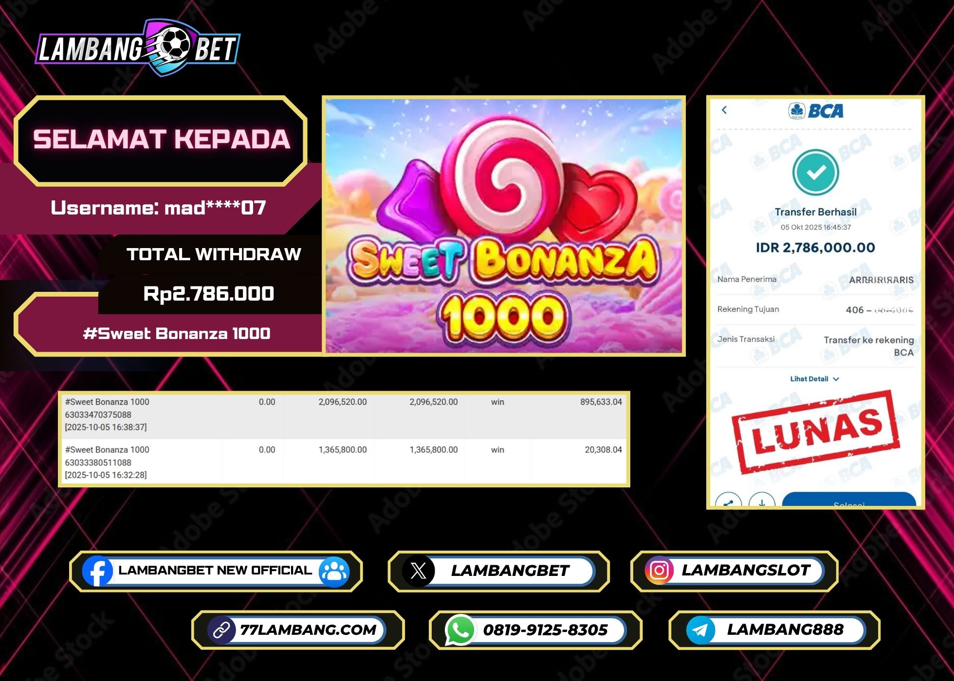 LAMBANGBET [5 OKTOBER 2025] JACKPOT SLOT Sweet Bonanza 1000 "Rp2.786.000" LUNAS
